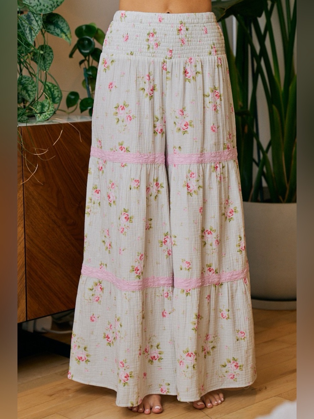 BiBi White Wide Leg Pants with Pink Floral Trim